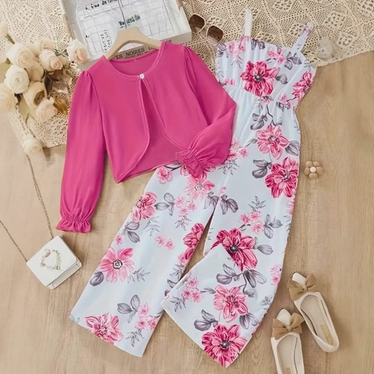 【5Y-13Y】Girls' Long-Sleeve Jacket + Printed Jumpsuit 2-Piece Set
