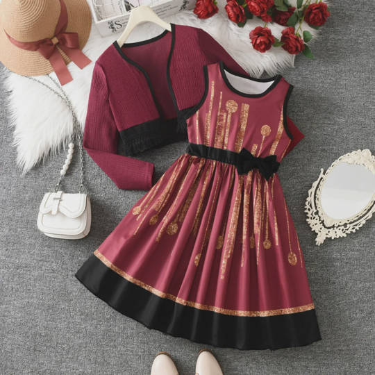 【5Y-15Y】Girls Sleeveless Dress And Long Sleeve Top Set