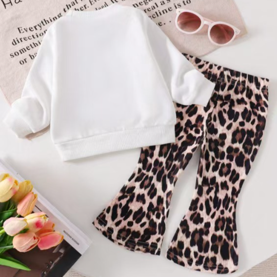 【6M-3Y】2-piece Girls Bow Leopard Print Top And Pants Set