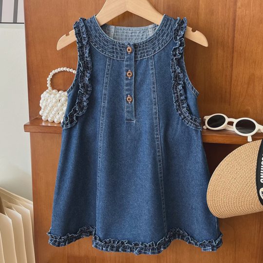 【18M-10Y】Girls Fashion Ruffle Design Blue Sleeveless Denim Dress - 33495