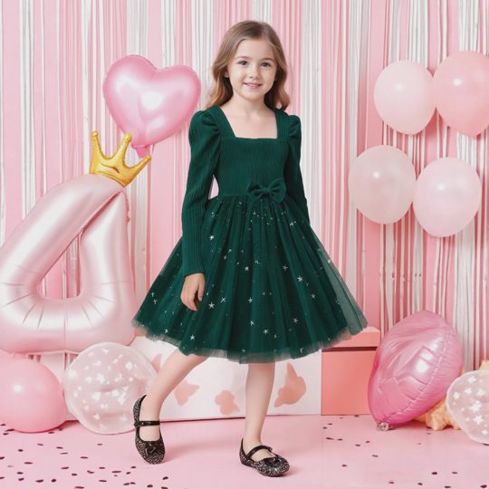 【2Y-7Y】Girls' Long Sleeve Patterned Mesh Patchwork A-Line Princess Dress With Bow Belt