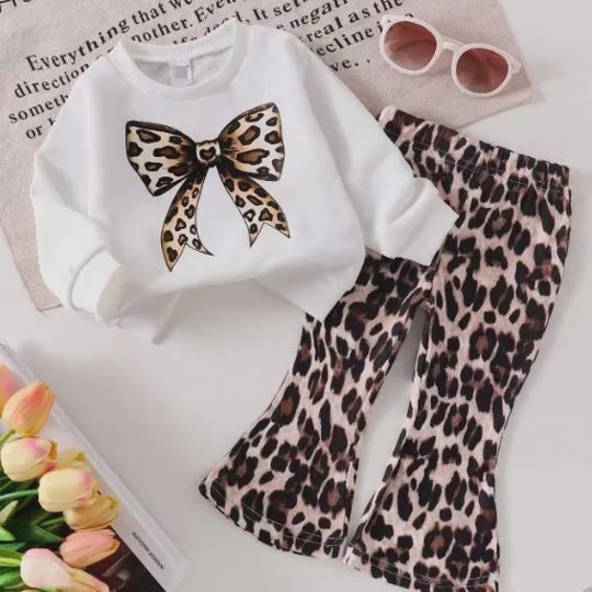 【6M-3Y】2-piece Girls Bow Leopard Print Top And Pants Set