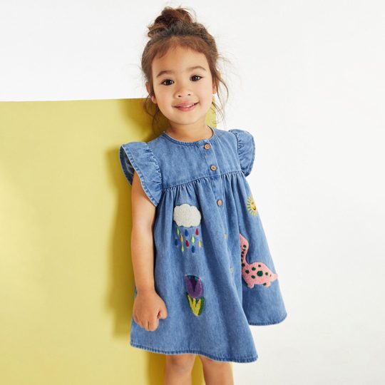 【1Y-7Y】Girls Cute Dinosaur And Flower And Sun Embroidered Blue Denim Dress