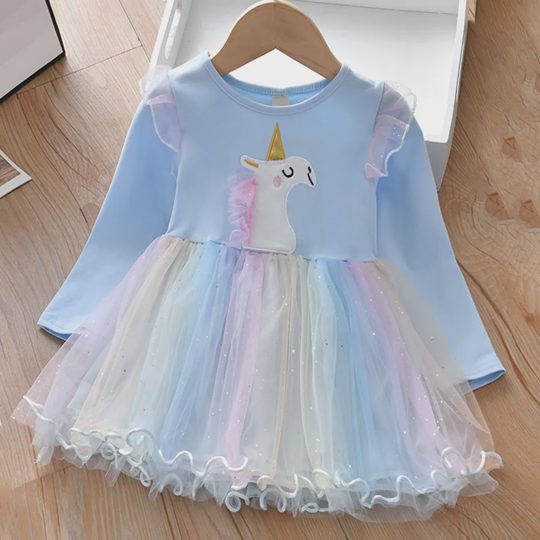 【18M-8Y】Girls Unicorn Embroidered Gradient Mesh Long Sleeve Dress