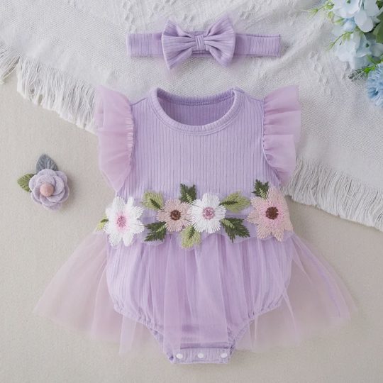 【0M-18M】Girls' Cap Sleeve Romper Dress – Stylish Cute Floral One-Piece