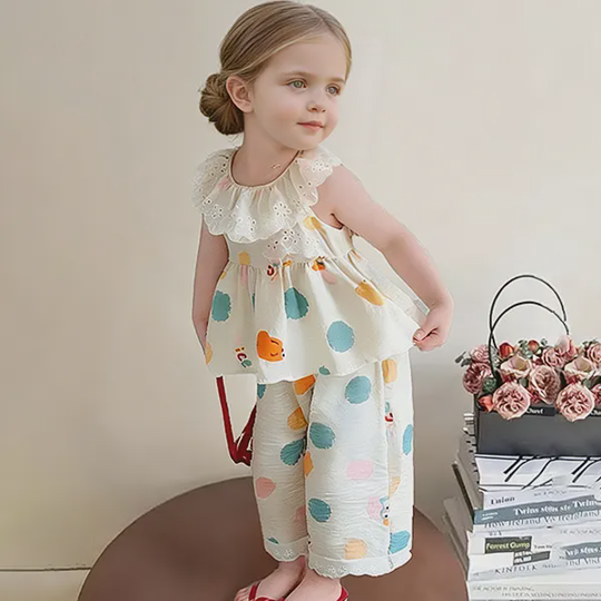 【12M-13Y】Girls' Lace Polka Dot Top + Pants Set