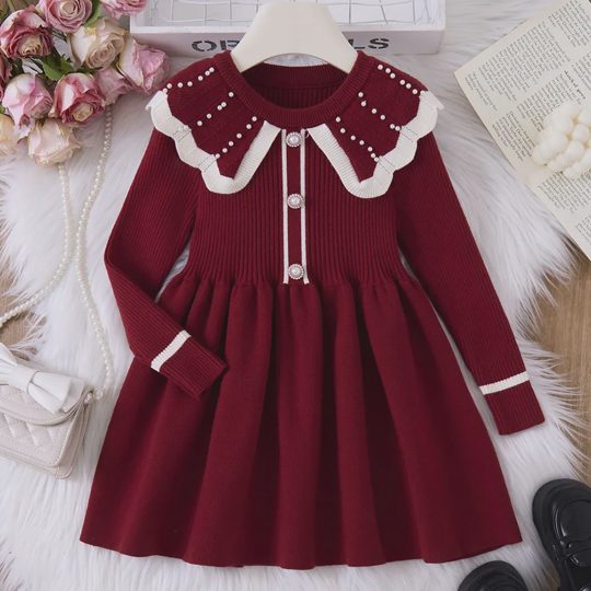 【3Y-10Y】Girls Red Pearl Lapel Long Sleeve Sweater Dress