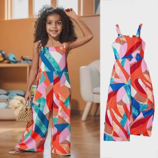 【3Y-10Y】Girls Casual Vintage Pattern Print Boho Sling Jumpsuit