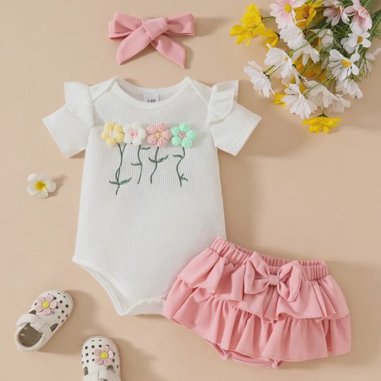 【0M-18M】3-piece Baby Girls Cute Floral Embroidered White Romper And Pink Shorts Set