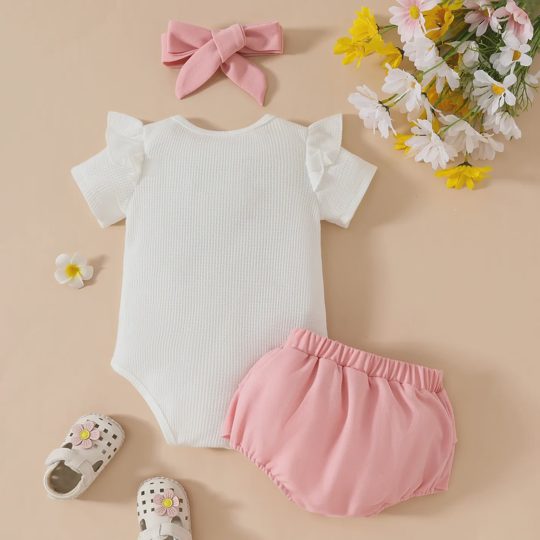 【0M-18M】3-piece Baby Girls Cute Floral Embroidered White Romper And Pink Shorts Set