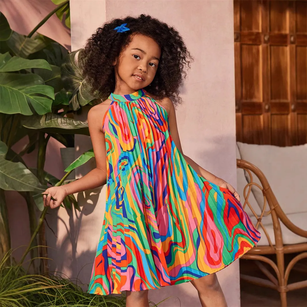 【5Y-15Y】Girls' Casual Printed Sleeveless Strap Dress