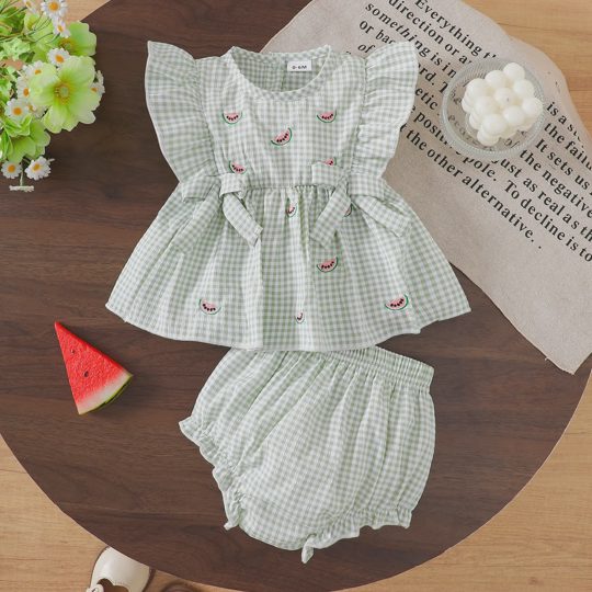 【6M-4Y】2-piece Girls Watermelon Embroidery Plaid Top And Shorts Set