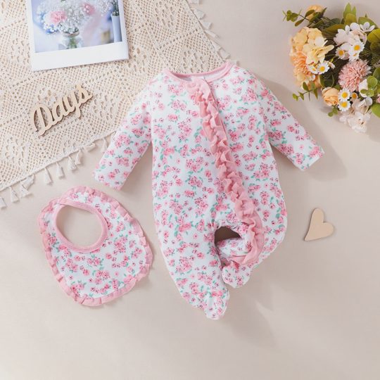 【0M-9M】2-piece Baby Girl Pink Floral Long Sleeve Romper With Bibs