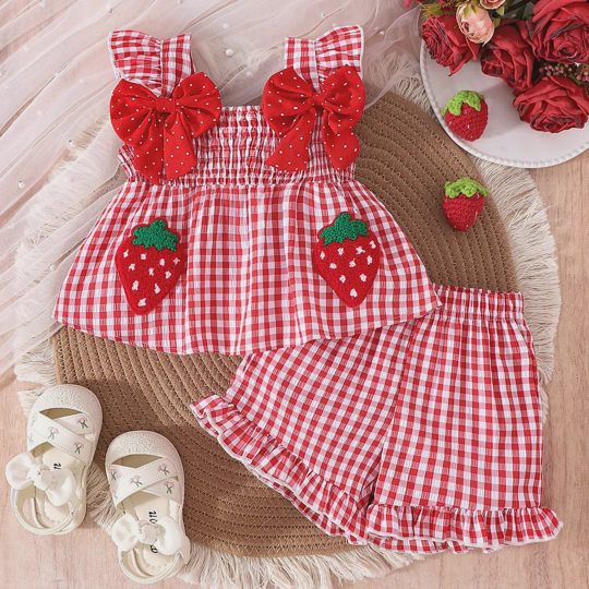 【6M-3Y】Girls' Cute Strawberry Print Bow Strap Top & Shorts Set