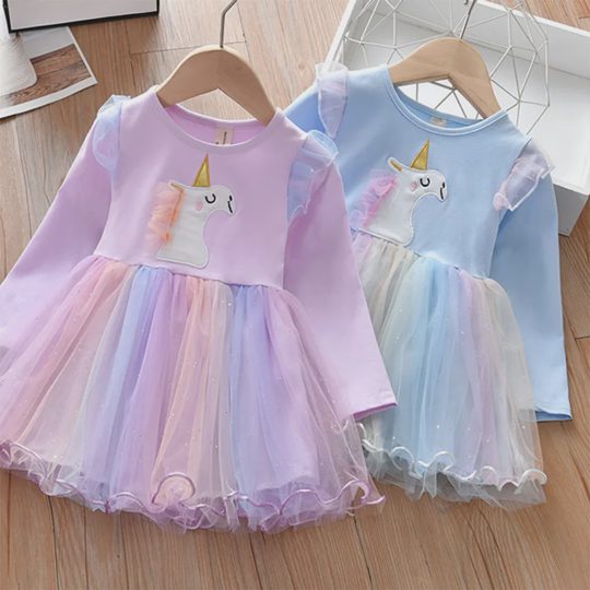 【18M-8Y】Girls Unicorn Embroidered Gradient Mesh Long Sleeve Dress