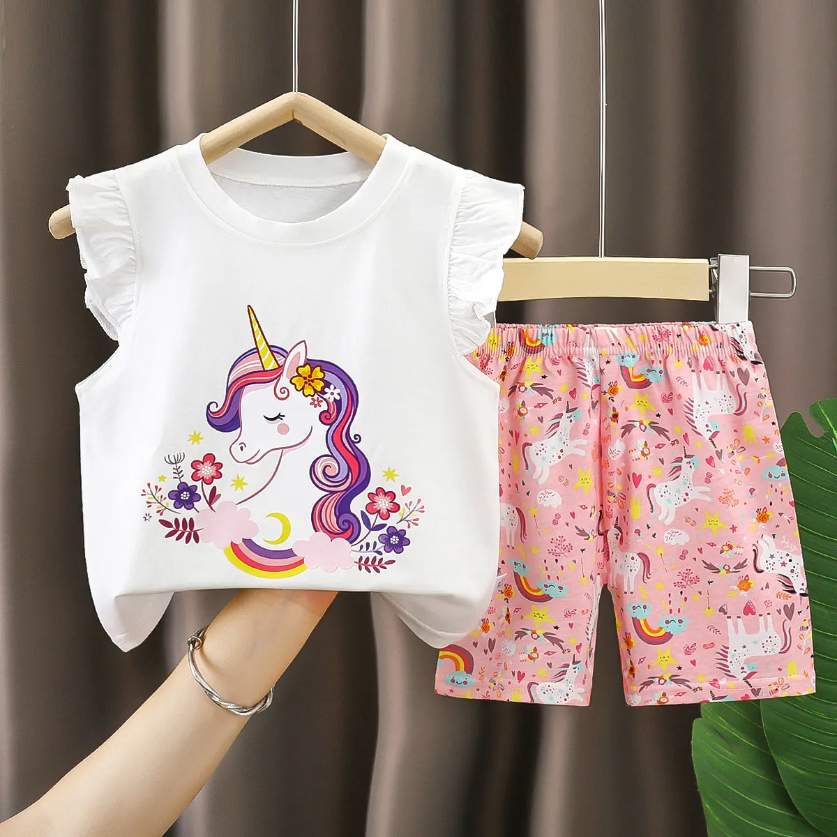 【6M-6Y】Girls' Fun Print Flutter Sleeve Short-Sleeve Top & Shorts Set